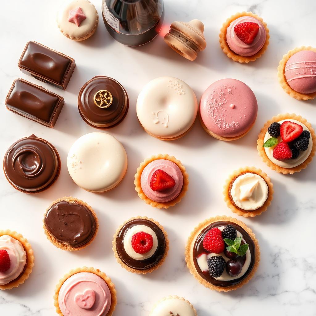 Assorted mini tarts, macarons and chocolate pastries on marble