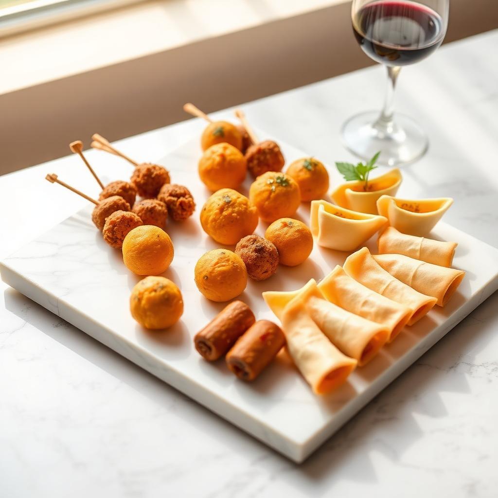 Platter of Nigerian finger foods including puff-puff, skewers and spring rolls